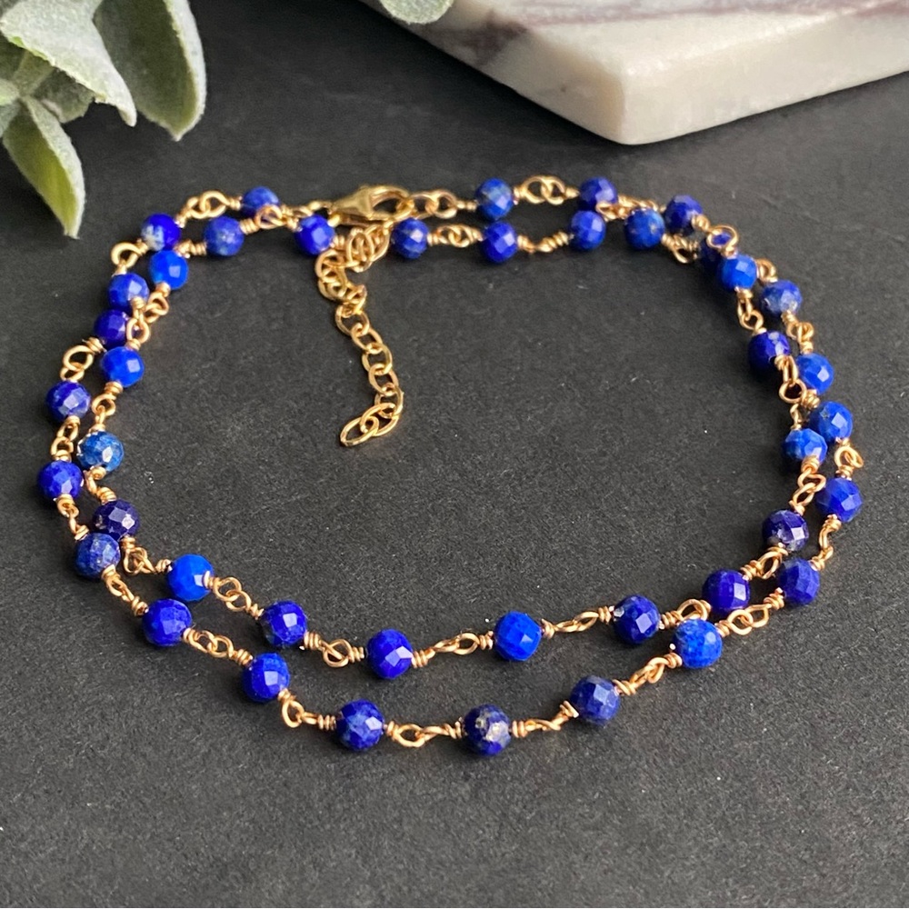 Lapis Lazuli Gold Necklace Choker Rosary beaded chain Natural blue stone
